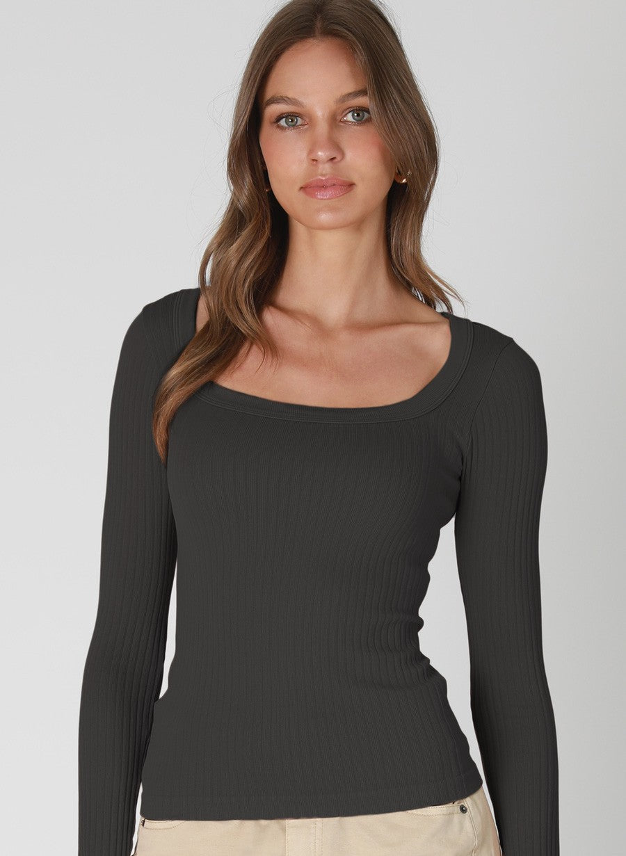 Wide Ribbed Square Neck Long Sleeve Top
