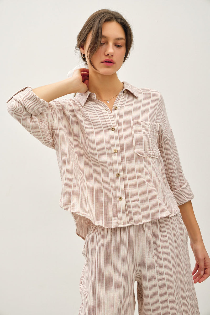 Cropped Boxy Stripe Gauze Button Up Top Amber