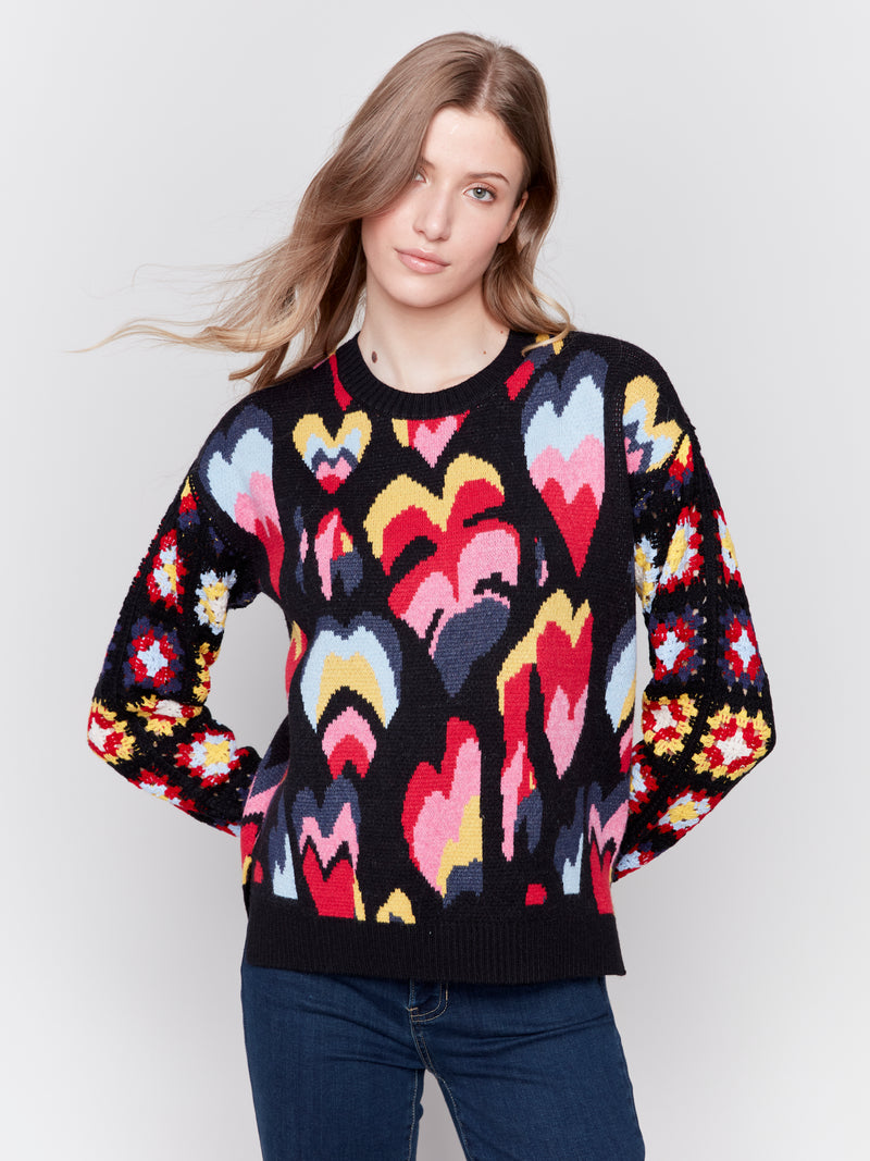 Jacquard Layered Hearts Crew Neck Sweater Black