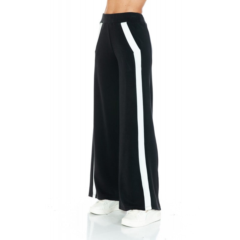 Contrast Panel Stripe Scuba Wide Leg Pants Black + Ivory
