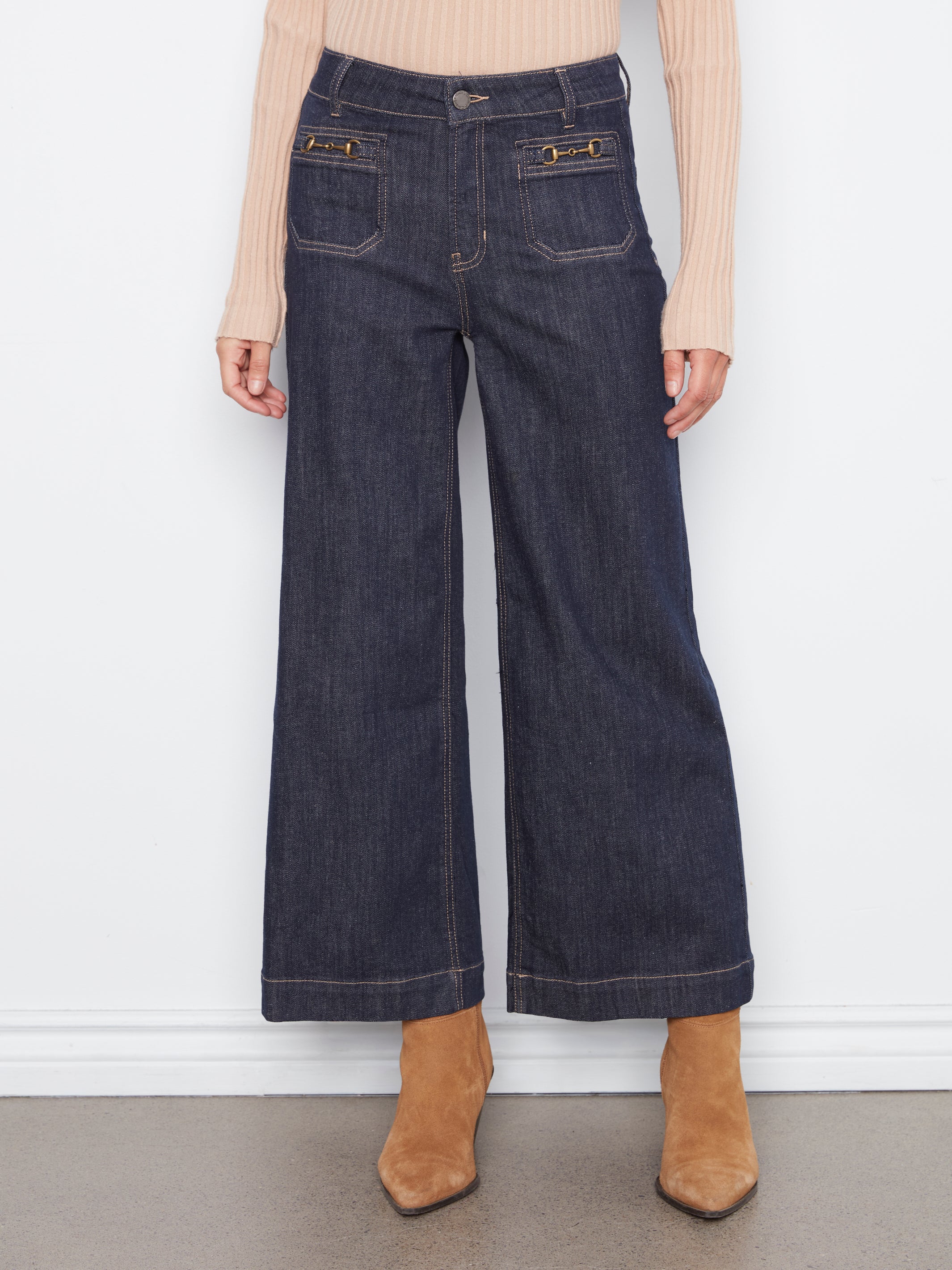 Horsebit Patch Pocket Wide Leg Jeans Deep Blue