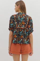Botanical Print Band Collar Scallop Detail Dolman Top Black