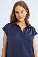 Short Sleeve Collared 3/4 Button Down Shirt Navy Blue
