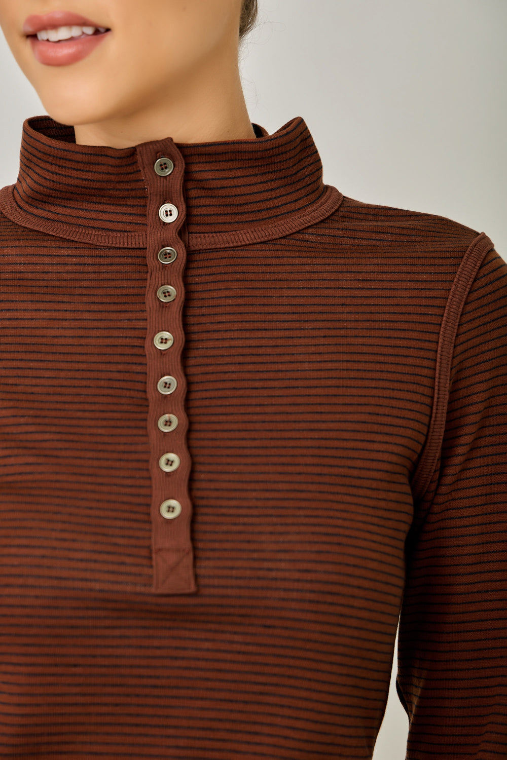 High Neck Pinstripe Henley Top Brick + Navy