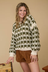 Contrast Square Knit Crewneck Sweater Olive