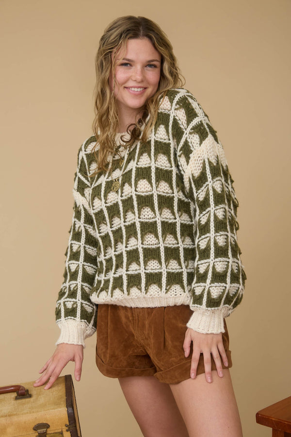 Contrast Square Knit Crewneck Sweater Olive