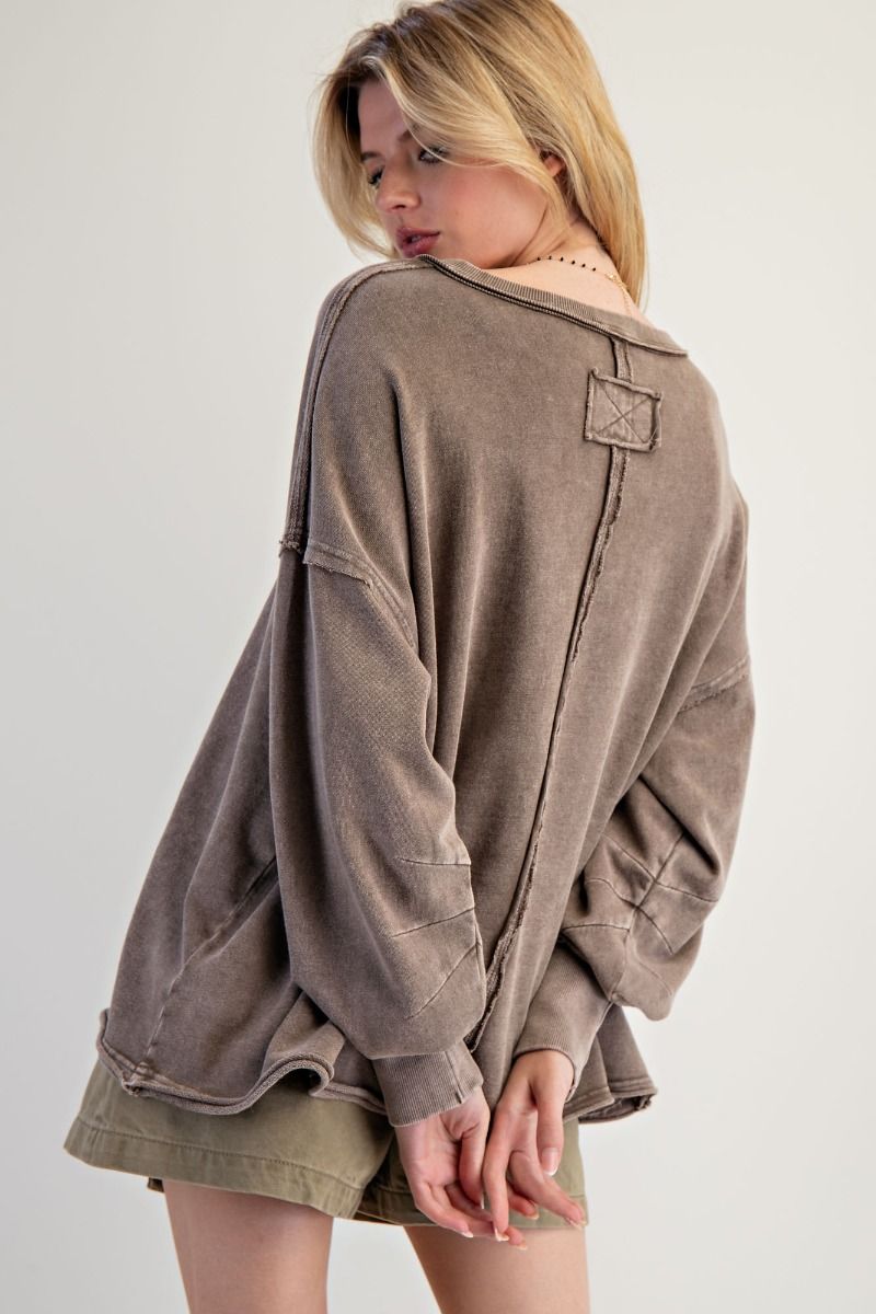 DEEP V NECK WASHED TERRY PULLOVER Mocha