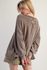 DEEP V NECK WASHED TERRY PULLOVER Mocha