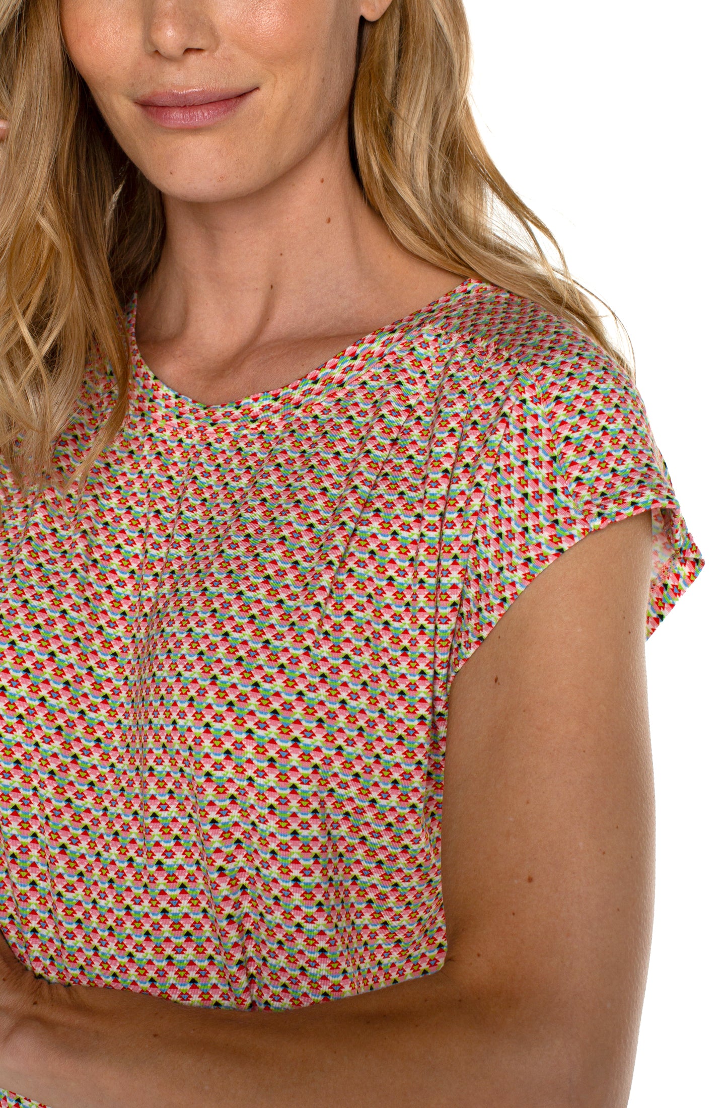Shoulder Pleat Dolman Boat Neck Top Multi Geo