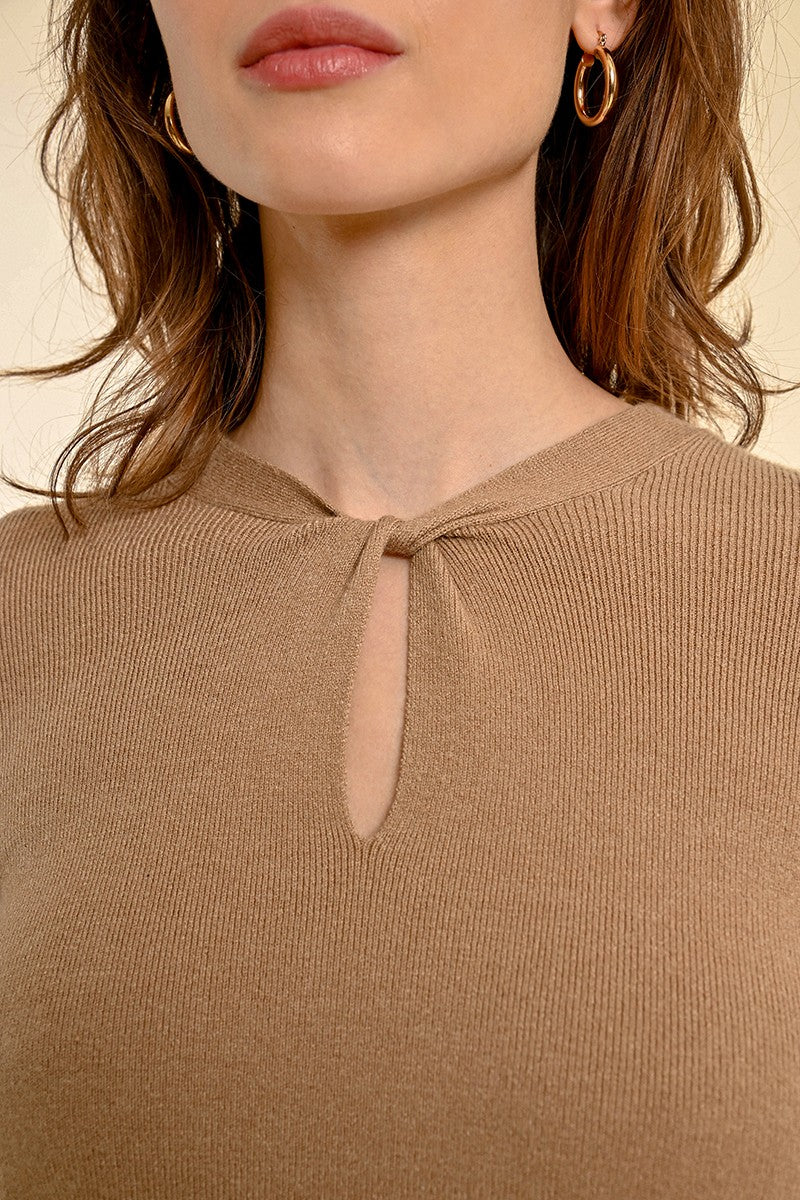 Twist Neck Keyhole Sweater Top Beige