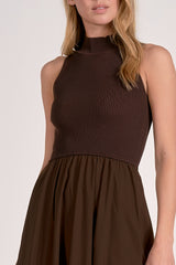 Mock Neck Ribbed Contrast Midi Dress Cocoa