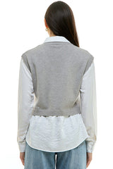 Crystal Diamond Pattern Twofer Collar Sweater Top Heather Grey