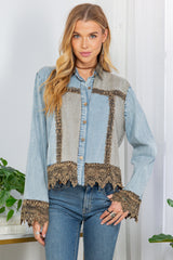 Lace Details Patchworked Denim Jacket Aqua