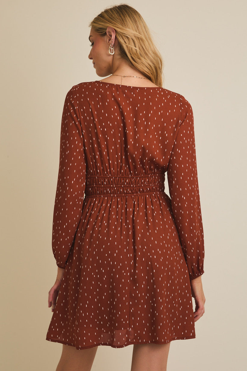 Smocked Waist Long Sleeve Abstract Dash Print Mini Dress Rust + Ivory