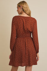 Smocked Waist Long Sleeve Abstract Dash Print Mini Dress Rust + Ivory