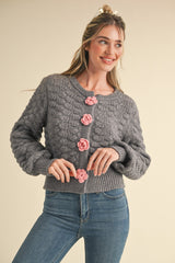 Rosette Detail Textured Sweater Cardigan Charcoal Grey