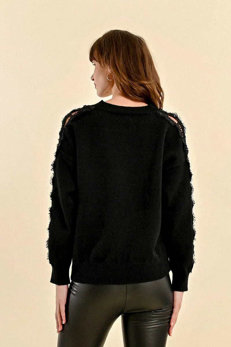 Lace Detailed Open Sleeve Crew Neck Sweater Black