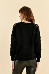 Lace Detailed Open Sleeve Crew Neck Sweater Black