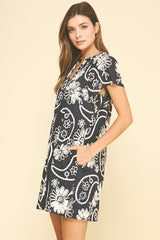 Tonal Ribbon Floral Print Flutter Dress Navy