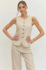 Stripe Button Up Vest Tan