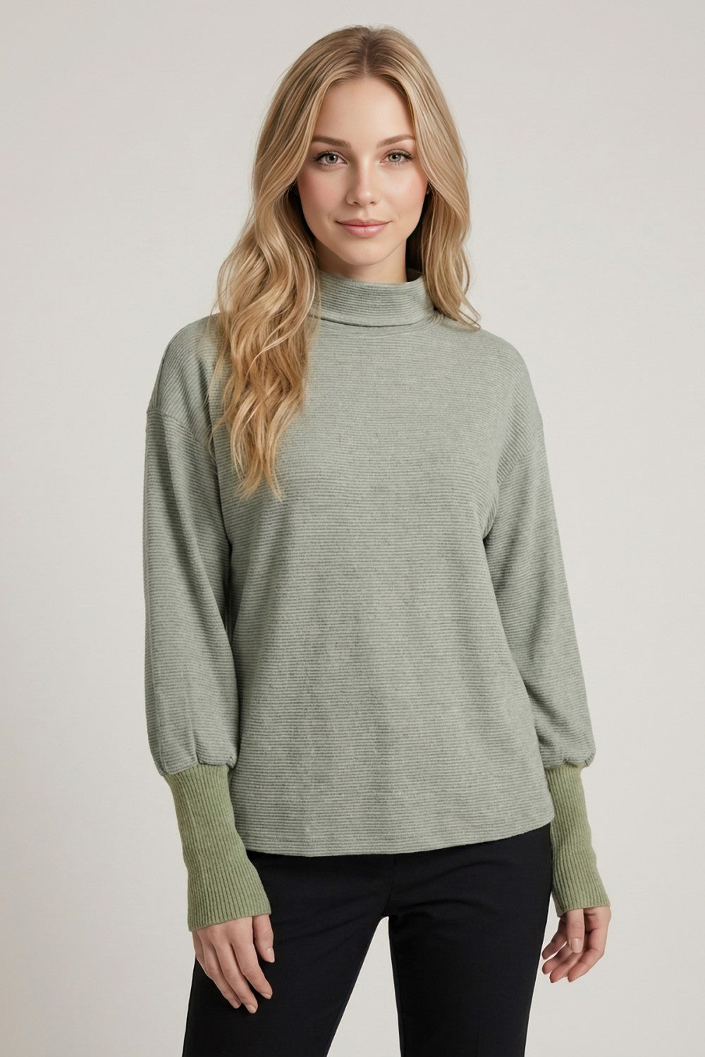 Pinstripe Cowl Mock Neck Long Sleeve Top Dusty Green