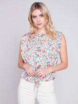 Printed Sleeveless Satin Tie Waist Top Ditsy