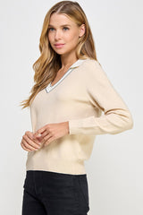 Two Fer Vneck Knit Polo Sweater Cream