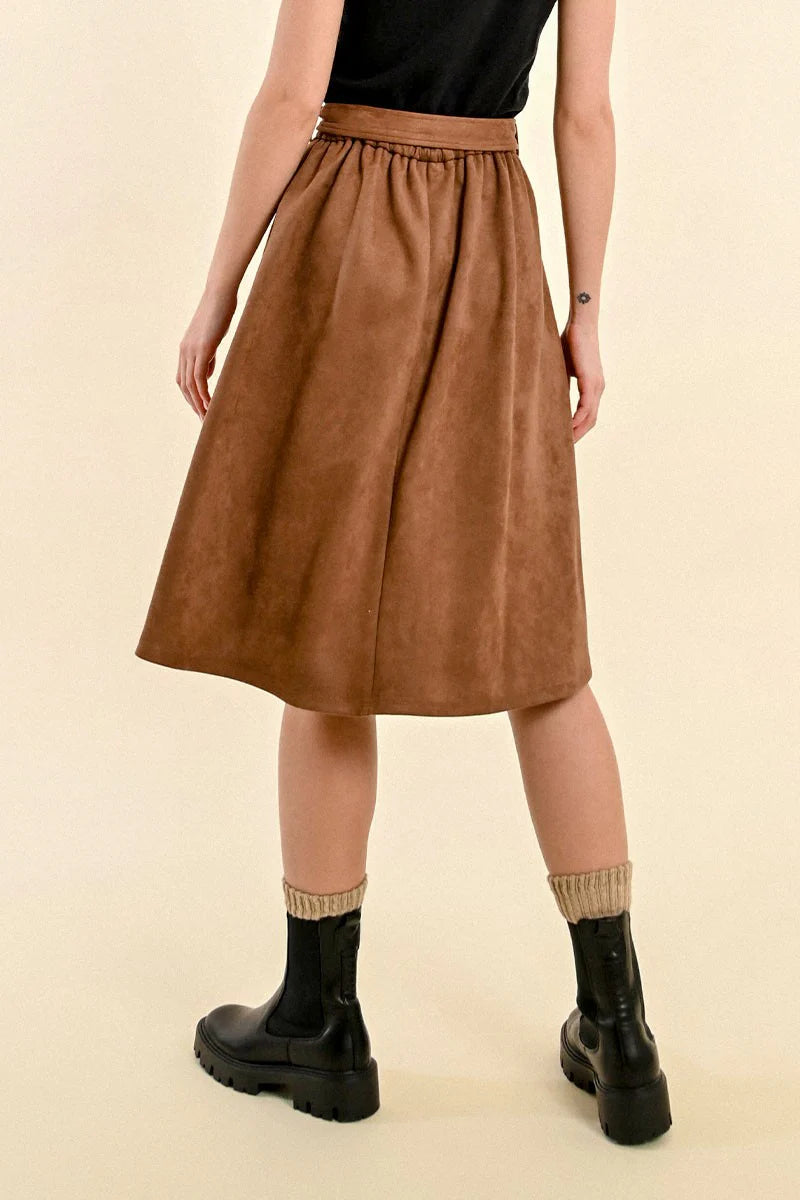 Suede Belted Button Detail Knee Length Skirt Chocolate