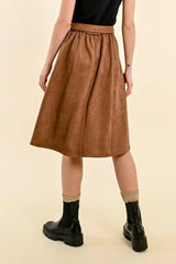 Suede Belted Button Detail Knee Length Skirt Chocolate