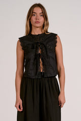 Lace Applique Tied Front Vest Top Black