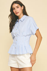 Pleated Waistline Peplum Stripe Top Light Blue