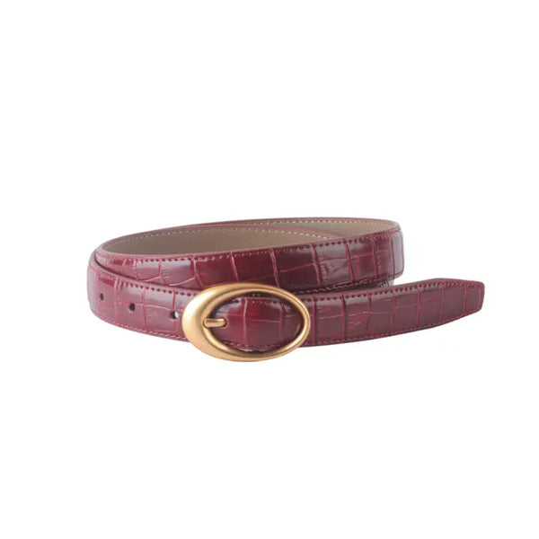 Croco Clean Stitched Oval Buckle Belt Burgundy