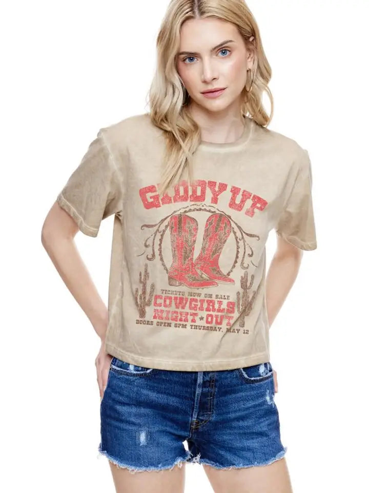 Giddy Up Cowgirls Crop Short Sleeve Tee Taupe
