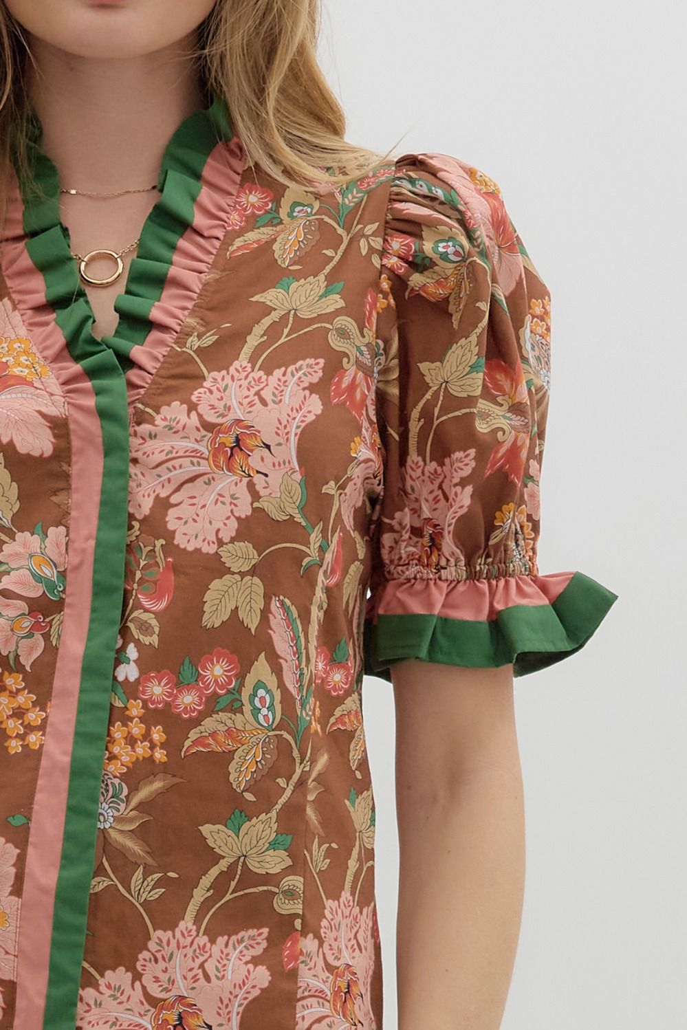 Floral Print Puff Sleeve Ruffle Accent Top Brown