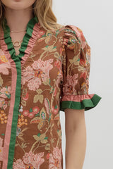 Floral Print Puff Sleeve Ruffle Accent Top Brown