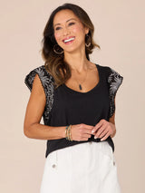 Emb. Flutter Sleev Sweetheart Knit Top Black + Off White