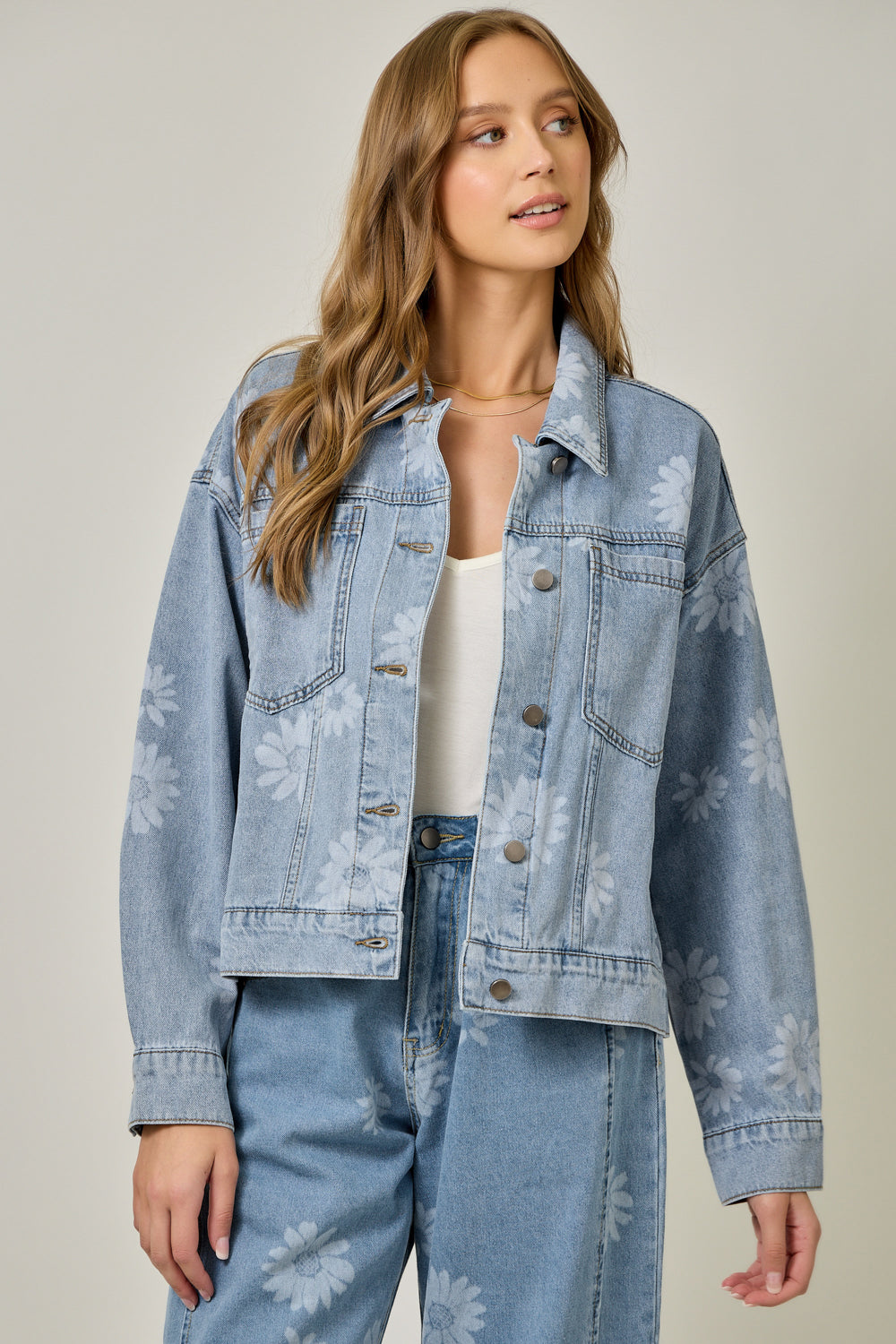 Daisy Print Oversized Denim Jacket Light Denim Blue