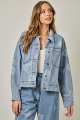 Daisy Print Oversized Denim Jacket Light Denim Blue