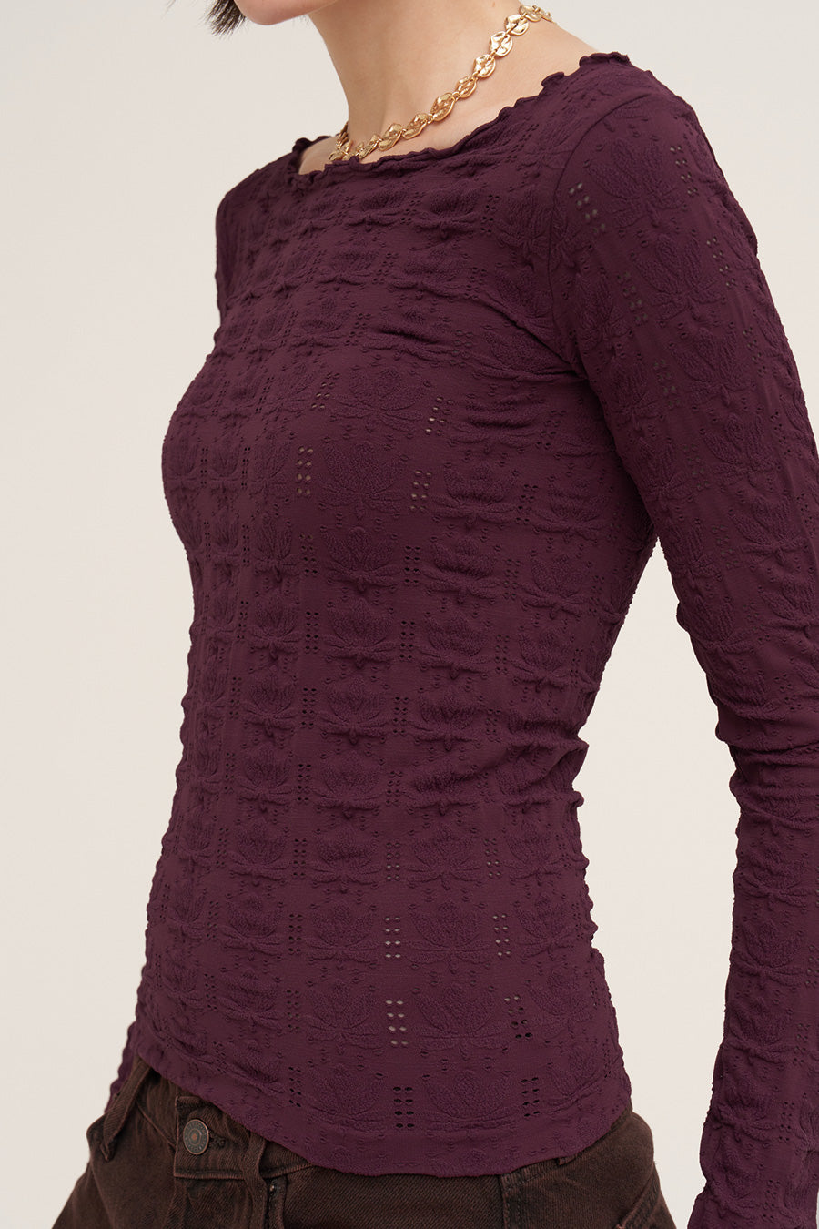 Floral Pointelle Lettuce Edge Long Sleeve Top Raisin