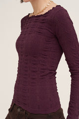 Floral Pointelle Lettuce Edge Long Sleeve Top Raisin