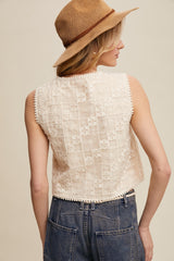 Embroidered Lace Tie-front Vest Ecru