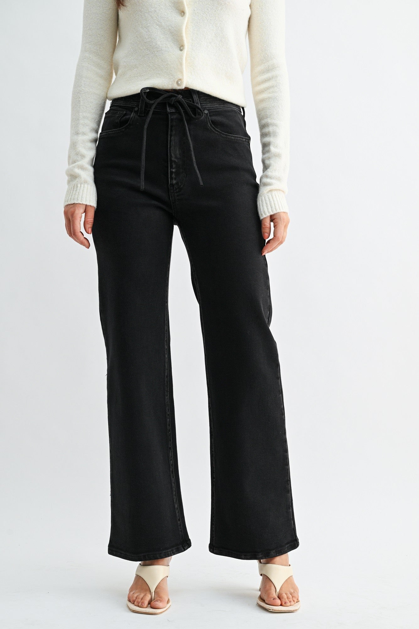 Drawstring Straight Leg Denim Pants Washed Black