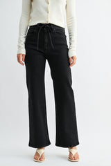 Drawstring Straight Leg Denim Pants Washed Black
