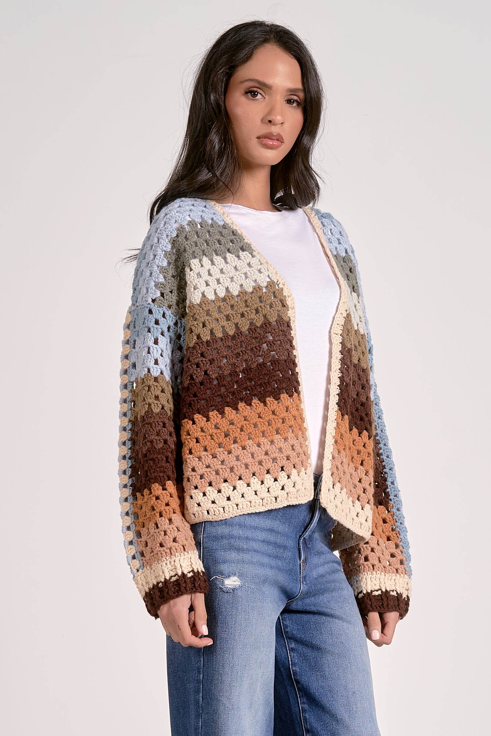 Open Knit Mix Stripe Cardi Neutral Multi