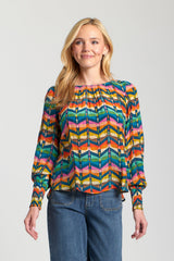 Smocked Cuff Elastic Neckline Printed Blouse Zig Zag Navy Multi