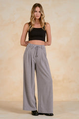 Tie Waist Pleated Detail Wide Leg Pants Dark Grey