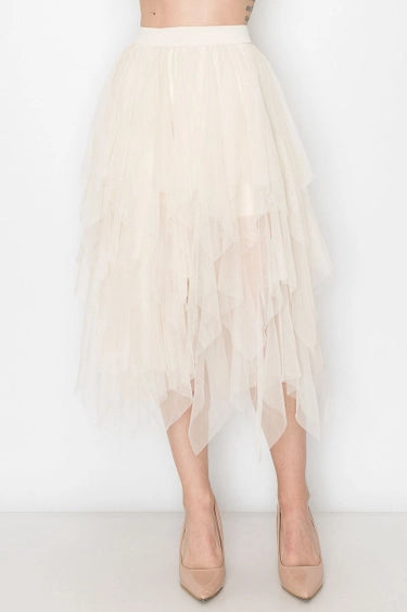 Layered Mesh Midi Skirt Beige