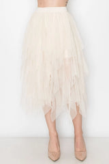 Layered Mesh Midi Skirt Beige
