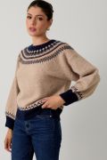Crew Neck Drop Shoulder Nordic Pattern Sweater Oatmeal-Multi