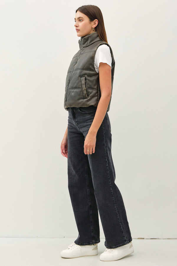 Distressed Leather Puffer Vest Charcoal